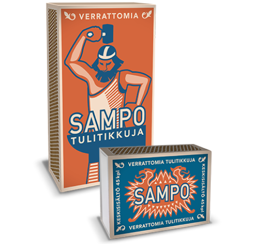 Två lådor, en stor orange och blå med en bild av en skäggig man som hamrar, och en mindre blå låda med ordet "SAMPO" och en blixtbild.