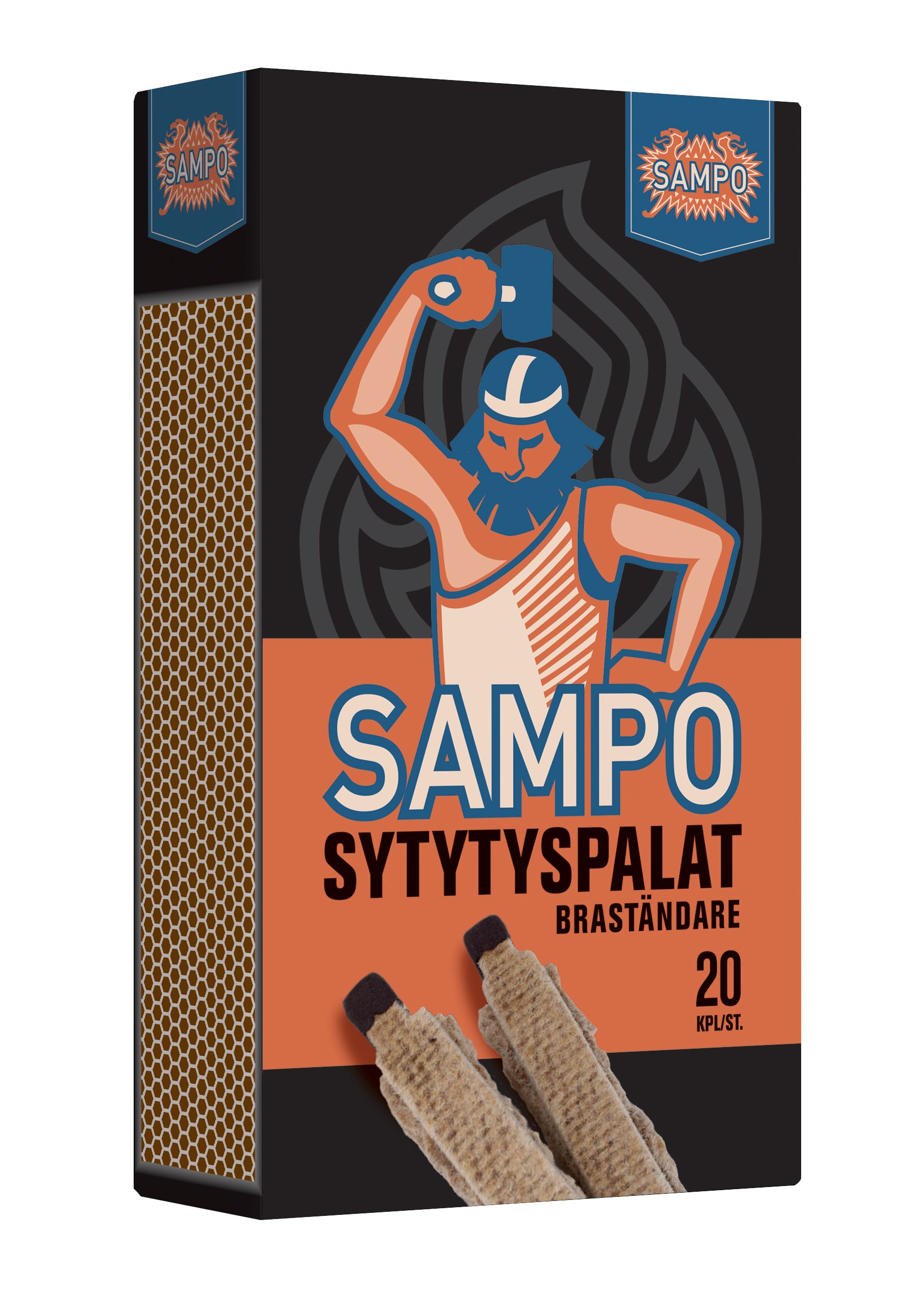 Box of Sampo packer matches with an illustration of a muscular man holding a matchstick, the pack contains 20 matches.