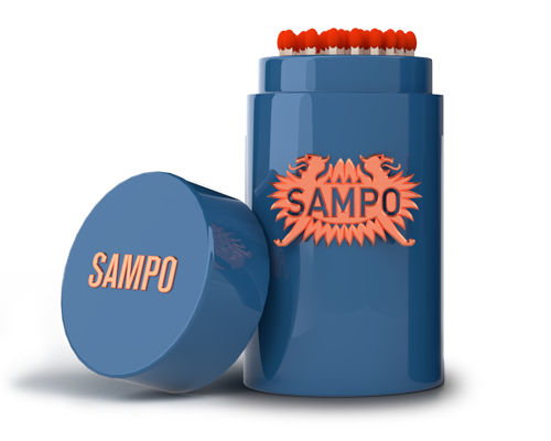 A container of Sampo hair pomade with a matching blue lid and red hair combs inside.