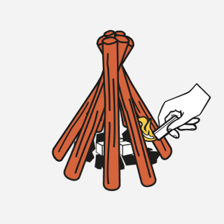Illustration of a campfire with wooden logs and a hand tending to it with a matchstick.