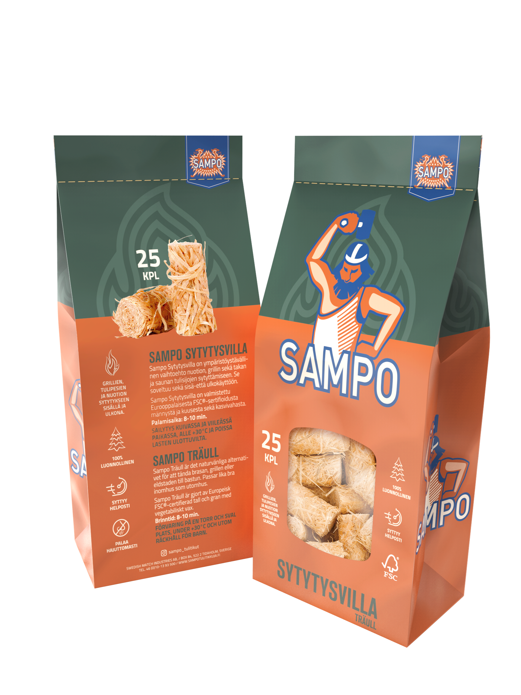 Packaging of Sampo Sytytysvilla firelighters with an illustration of a firefighter and text indicating 25 pieces, made from 100% renewable sawdust, and suitable for indoor and outdoor use.
