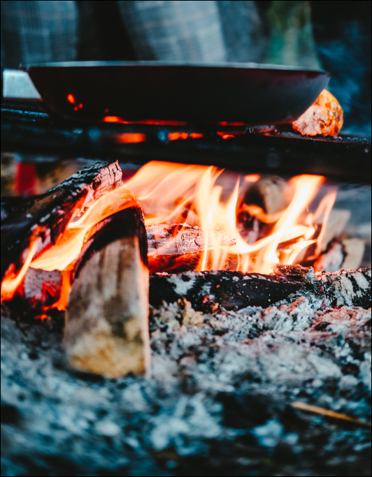 Cooking food over an open campfire with visible flames and logs.