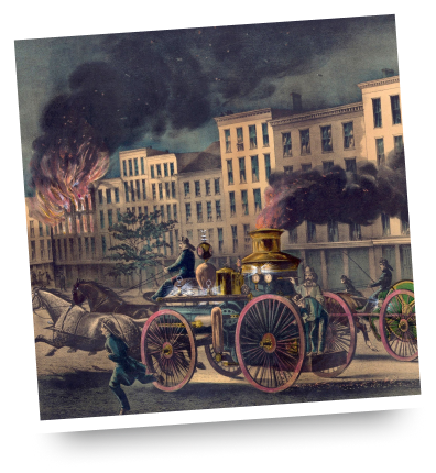 En målning som föreställer en gatubild från en stad med en gammal ångdriven brandbil som sprutar vatten, byggnader i bakgrunden och rök i luften.