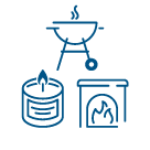 A charcoal grill, a bucket, and a fireplace in a line.