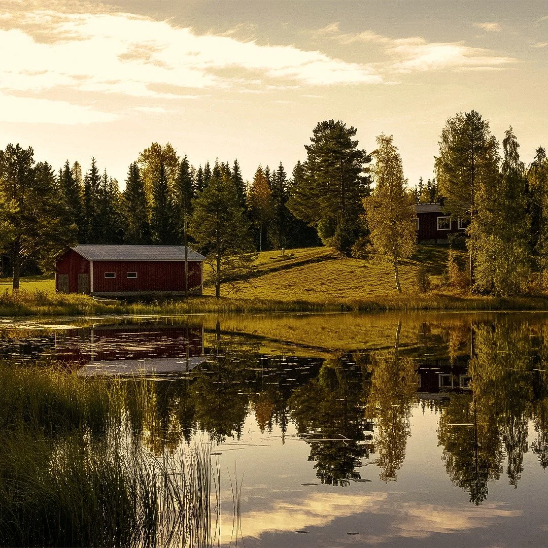 A tranquil lake reflecting trees and houses on the shore during sunset or sunrise.