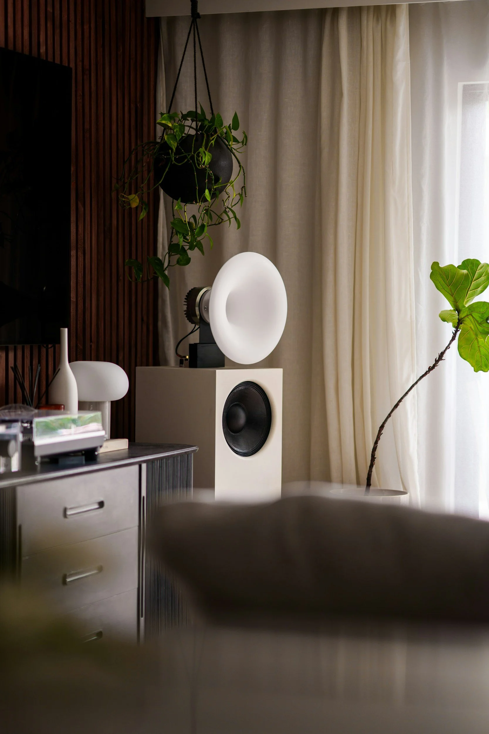 Room interior with a speaker, a lighting fixture, potted plants, and curtains.