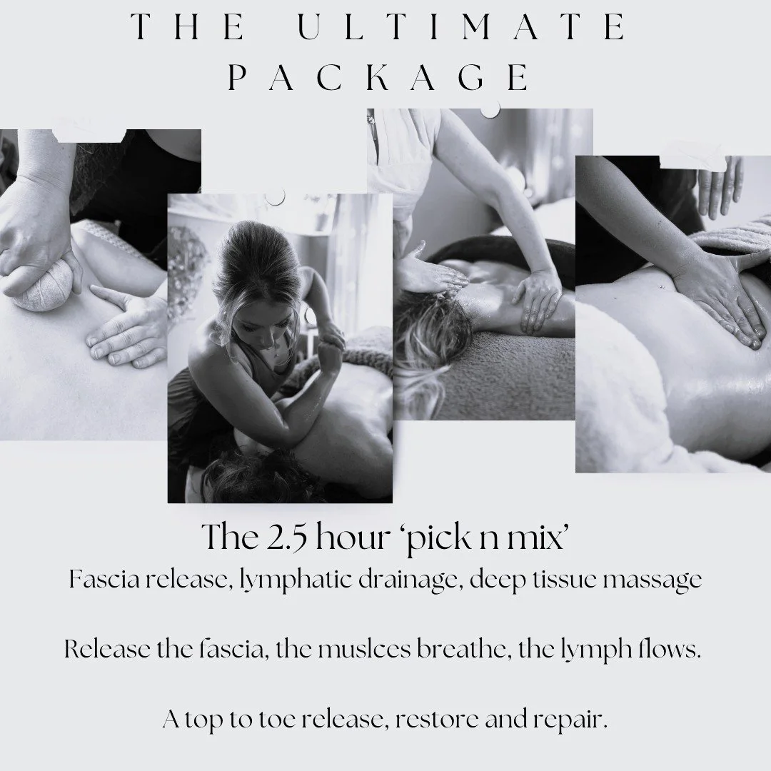 A promotional image for a massage service called 'The Ultimate Package,' featuring black-and-white photos of massage therapy, including a therapist working on a client and close-up shots of massage techniques. The text describes a 2.5-hour 'pick n mix' massage focusing on fascia release, lymphatic drainage, and deep tissue massage.