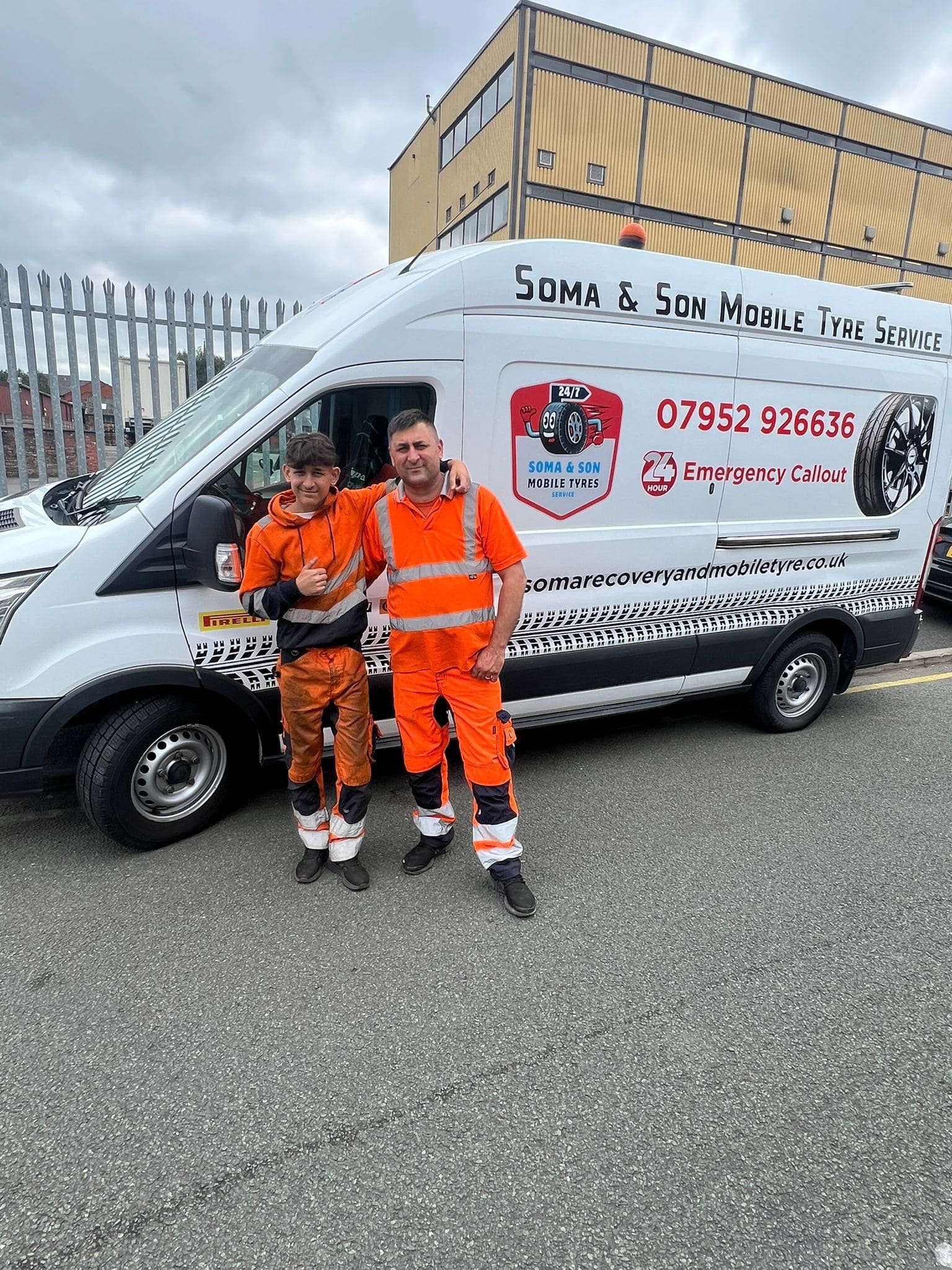 Soma and Son standing in front of their mobile tyre van in Preston