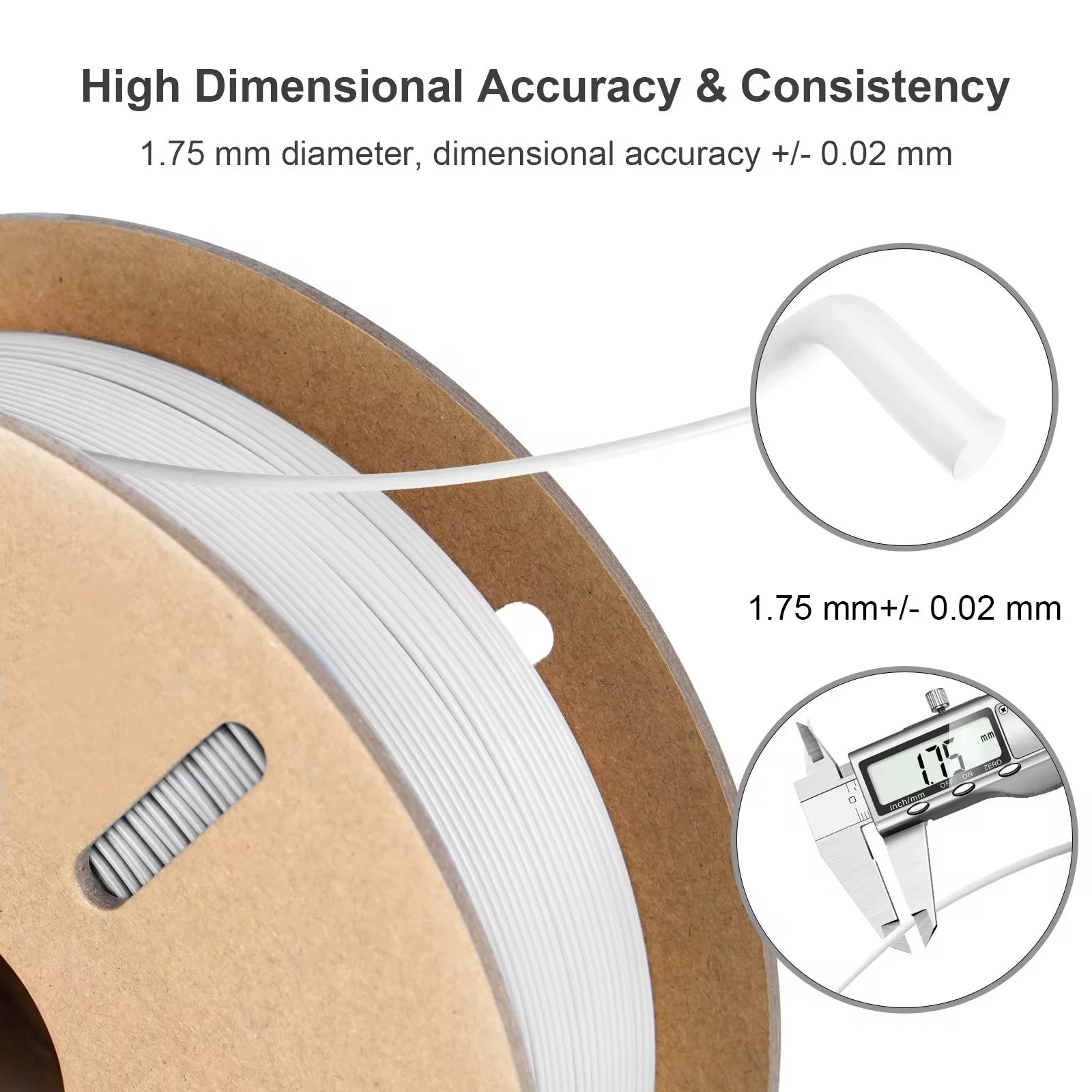 Yüksek boyutsal doğruluk ve tutarlılığı vurgulayan bir teknik görsel. 1.75 mm çapında bir filament ve ±0.02 mm hassasiyete sahip. Bir makaradan çıkan ince beyaz filament ve dijital şerit metre ile ölçüm yapan kişi görülüyor.