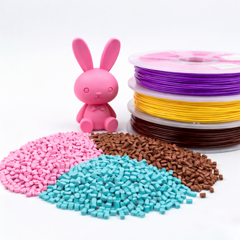 Renkli filament iplikler, peluş tavşan oyuncak ve renkli şekerler.