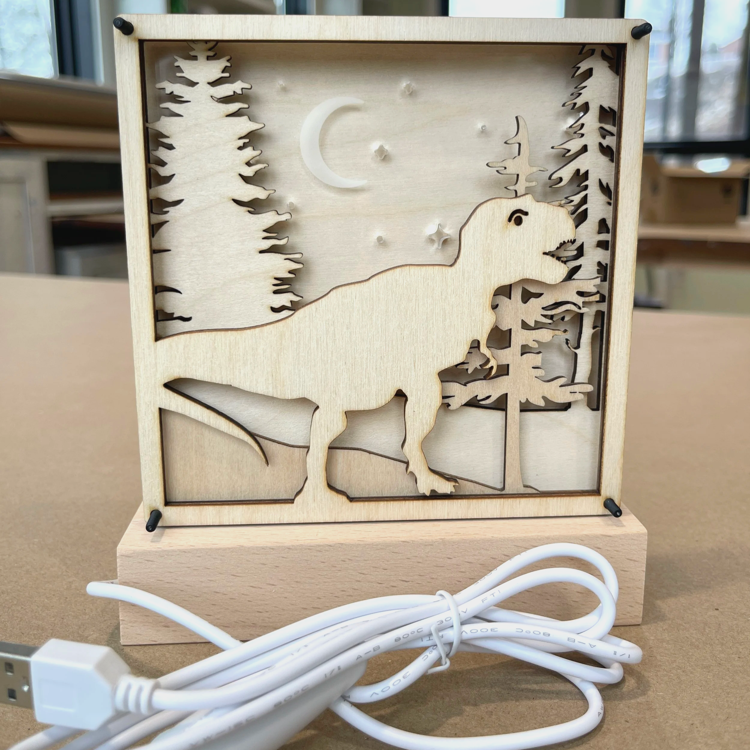 layered wood night light tyrannosaurus rex forest
