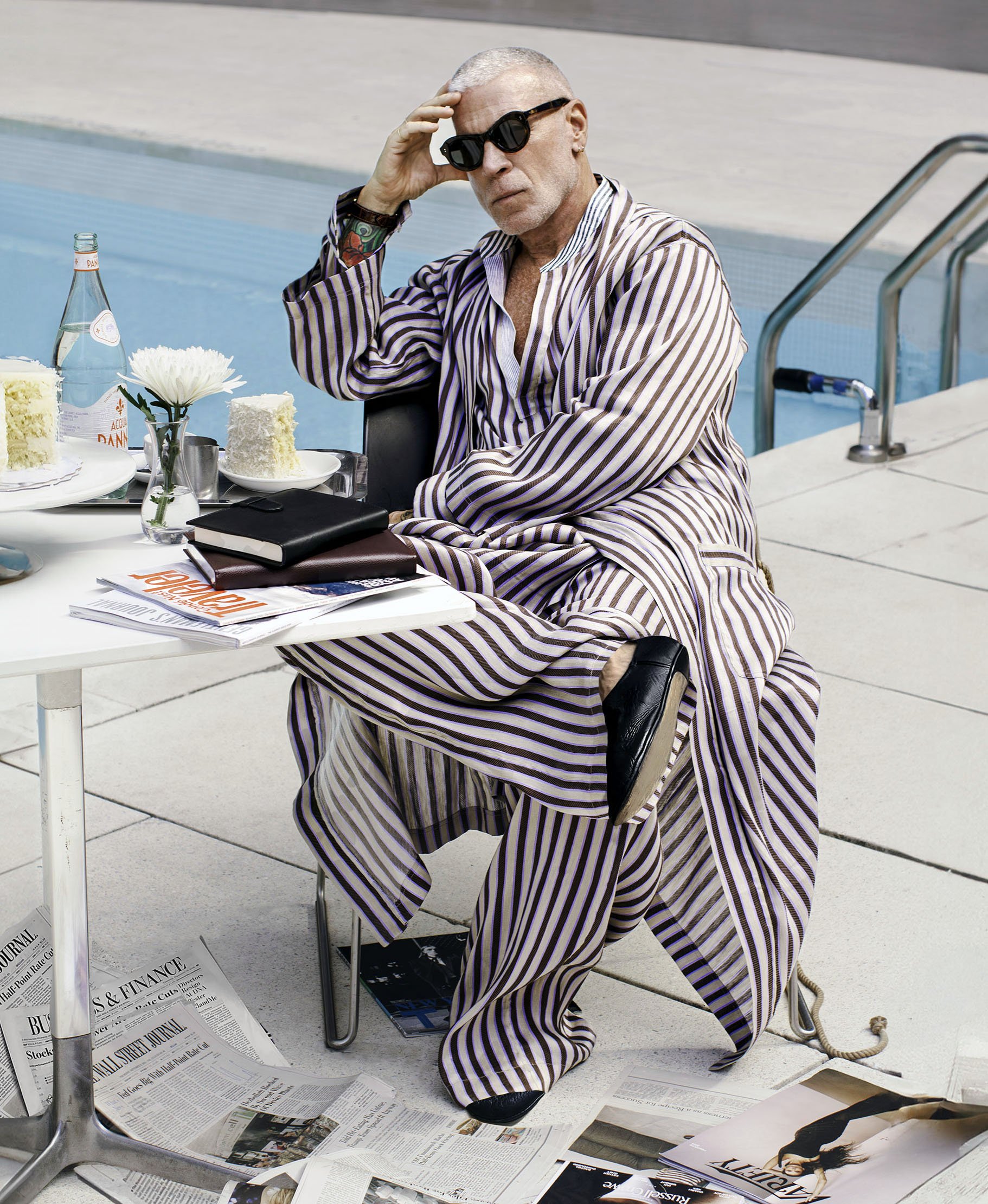 Nick Wooster photographed by Marko Kalfa for the cover of MR Magazine's Milstone Issue printed Edition November 2024, Nick Wooster sits poolside at Mercedes Club In Manhattan, photo by Marko Kalfa, clothes by The Salting, photo Marko Kalfa, Kalfa Co