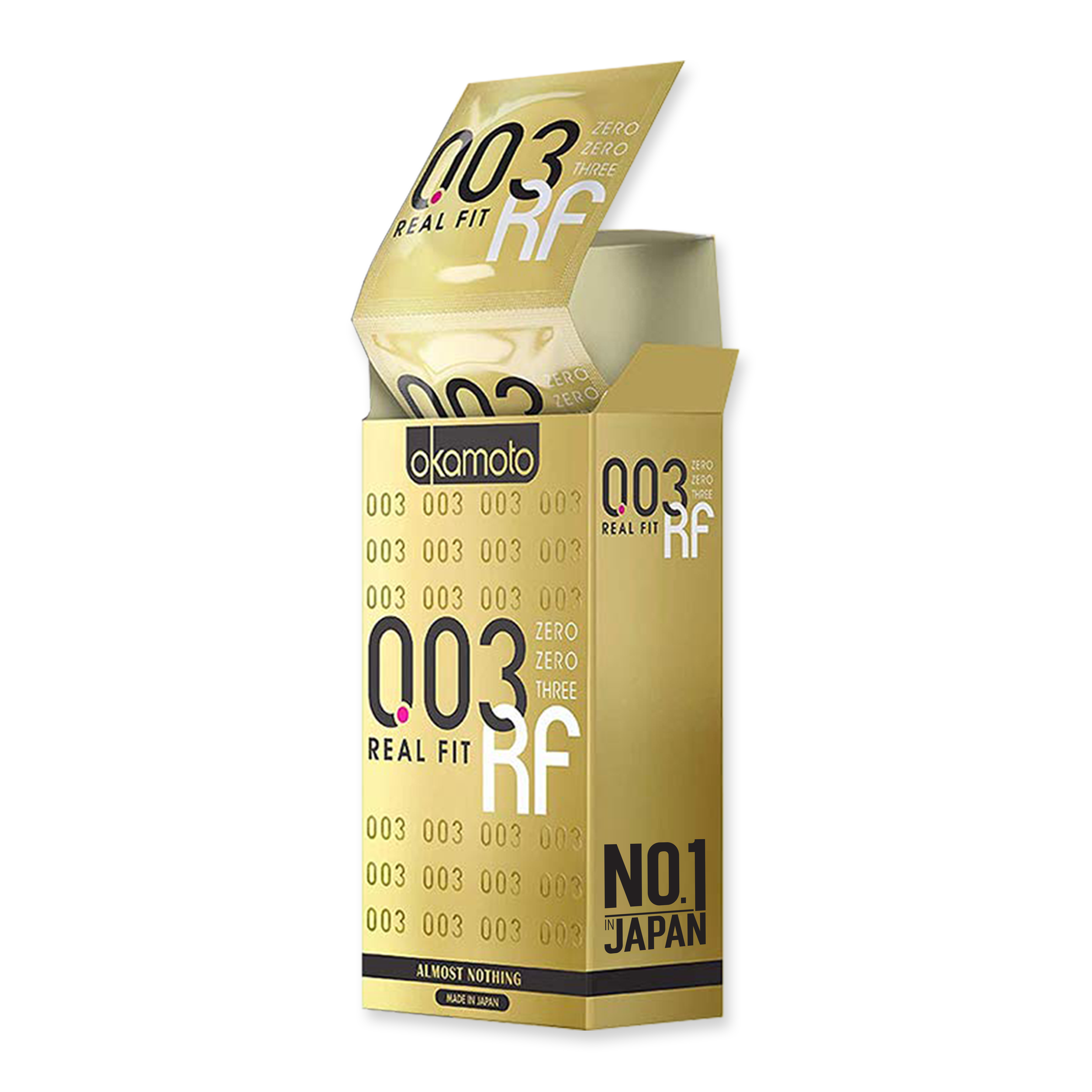 Open gold-colored carton of Okamoto 003 Real Fit condoms, with one condom package partially pulled out showing the branding and product information.