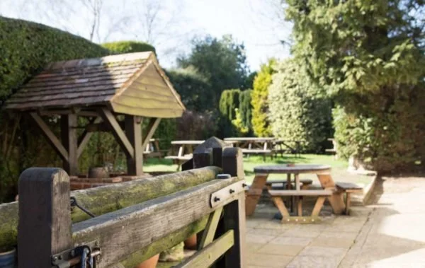 Outdoor park with wooden picnic tables, a play area with a wooden slide, and lush green trees and bushes in the background.