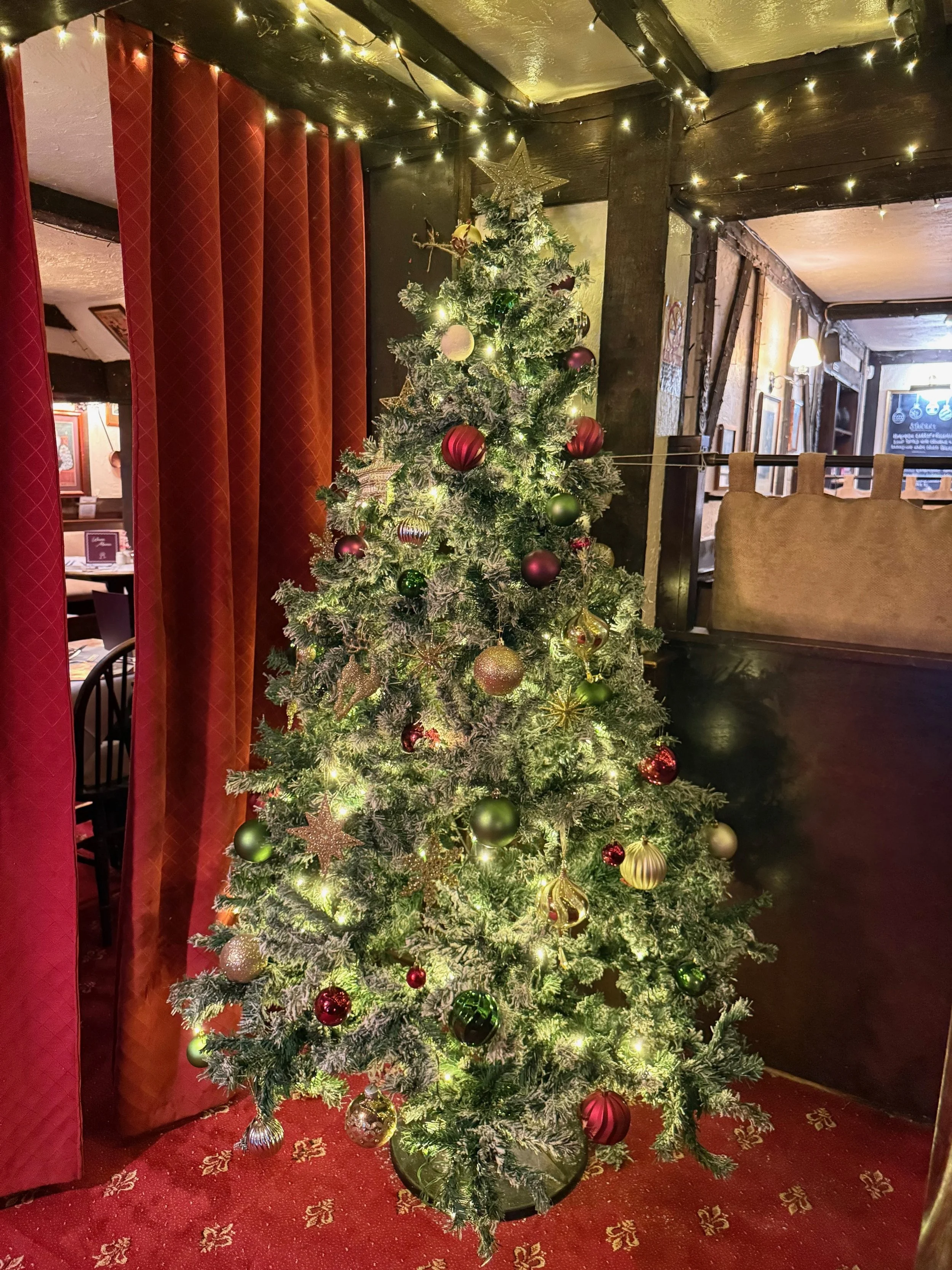 Decorated Christmas tree with ornaments and lights in a cozy, dimly lit room.