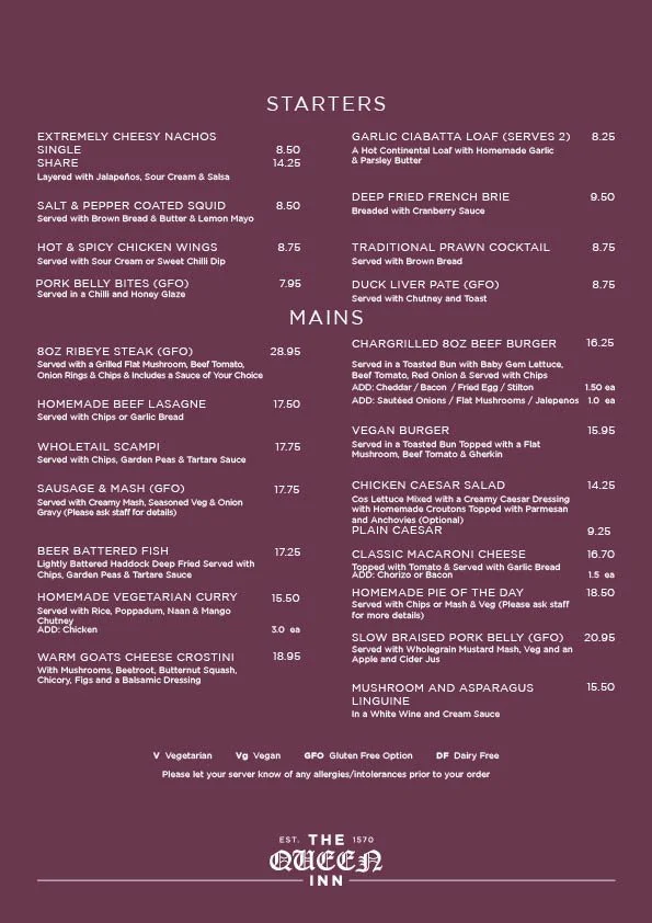 Menu - Evening | Discover and Reserve Your Evening Dining — The Queen Inn