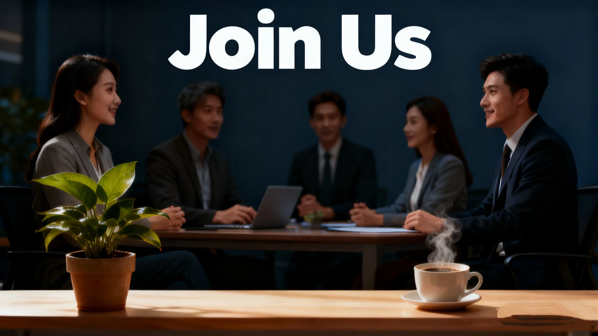 Business meeting with five professionally dressed people sitting around a table, with a potted plant and a steaming coffee cup in the foreground, and large text 'Join Us' in the background.