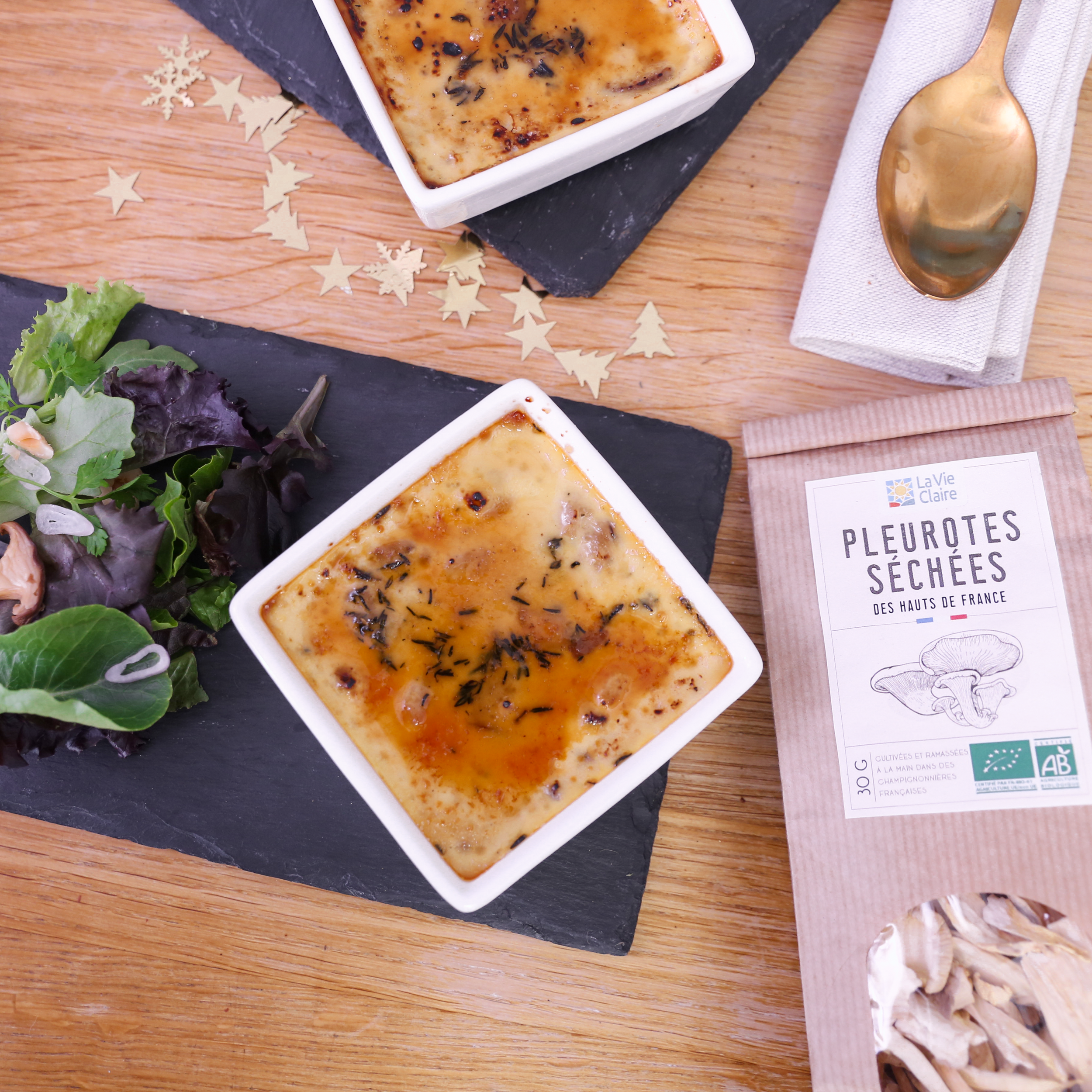 Crème brûlée salée aux champignons, recette végétarienne innovante créée pour La Vie Claire, illustrant l'expertise en gastronomie veggie.