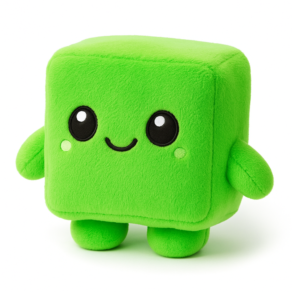Green plush toy with a cute, smiling face, large black eyes, blushing cheeks, and small limbs.
