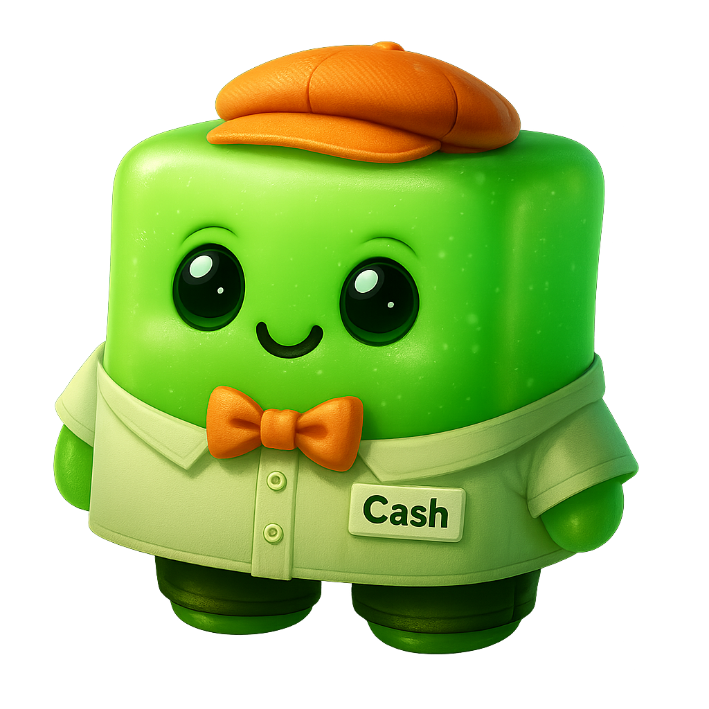 Cute cartoon character resembling a cash register with a green body, wearing a white shirt with a "Cash" name tag, an orange bow tie, and a tan hat, standing against a glowing green background.