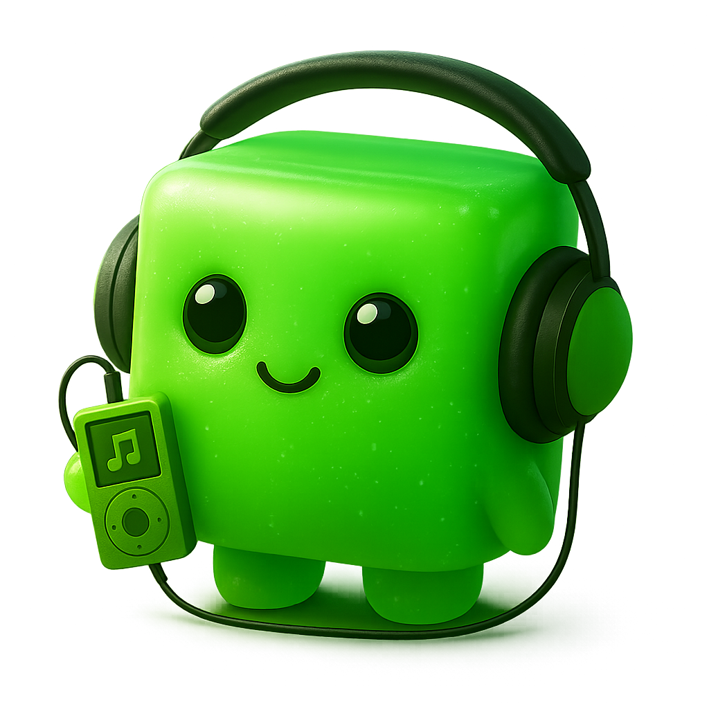 A green cartoon character with a rounded body, big black eyes, and a small smiling mouth, wearing black headphones. The character is holding a small green music player with a screen displaying a musical note.