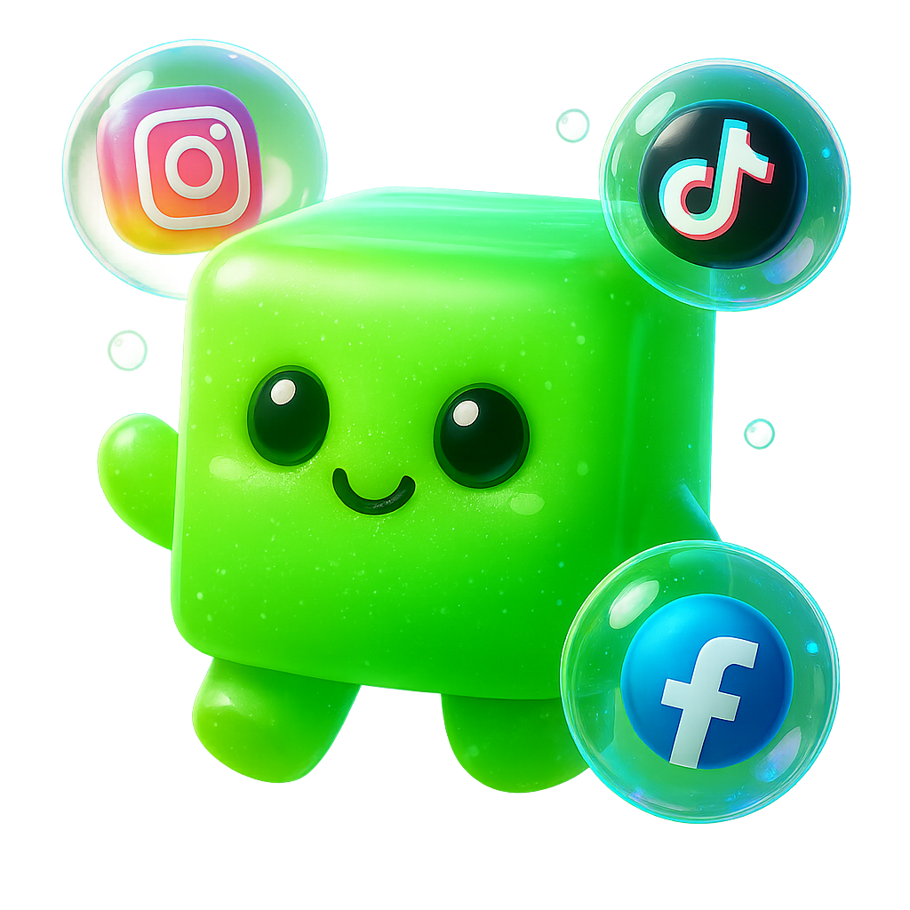 A cute, green, cartoon-like robot with a smiling face and large, shiny eyes, surrounded by floating icons of Instagram, TikTok, and Facebook.