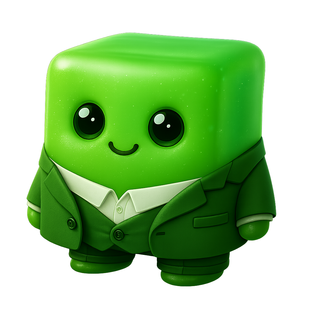 A cute, cartoon-style green character with a square head, large eyes, and a small smiling mouth, wearing a green suit and white shirt.