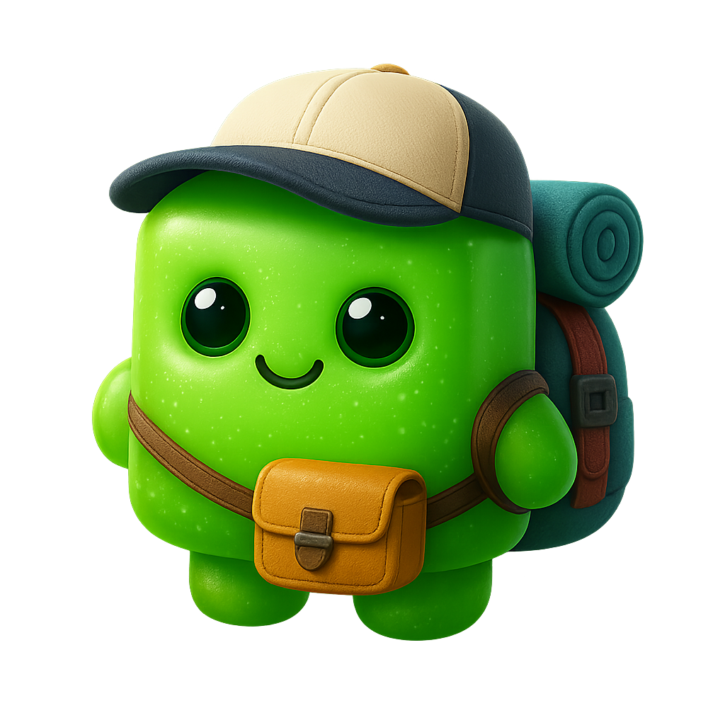 A cute, green, round character with big eyes and a smiling face wearing a beige and black baseball cap, carrying a brown satchel, and with a backpack and rolled-up sleeping mat on its back.