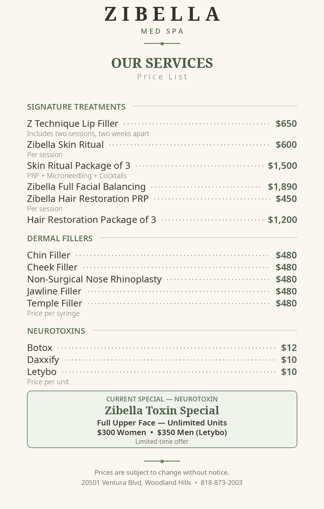 Zibella Med Spa — Our Services Price List