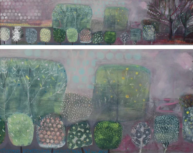 Abstract painting of trees and bushes with various shades of green, blue, yellow, and pink, featuring textured leaves and foliage on a muted background.