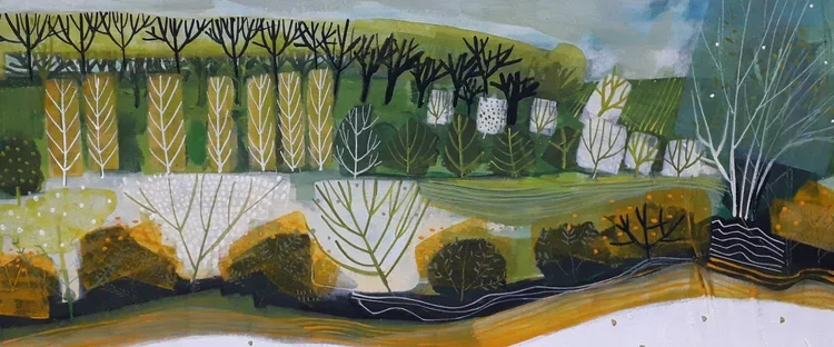 A colorful painting of a landscape with trees, bushes, and rolling hills in autumn colors.