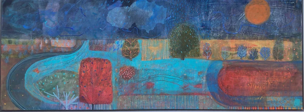 Abstract landscape painting with trees, river, fields, and a setting sun under a dark blue sky.