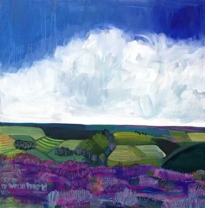 A colorful landscape painting of rolling green fields, purple wildflowers, and a partly cloudy sky.