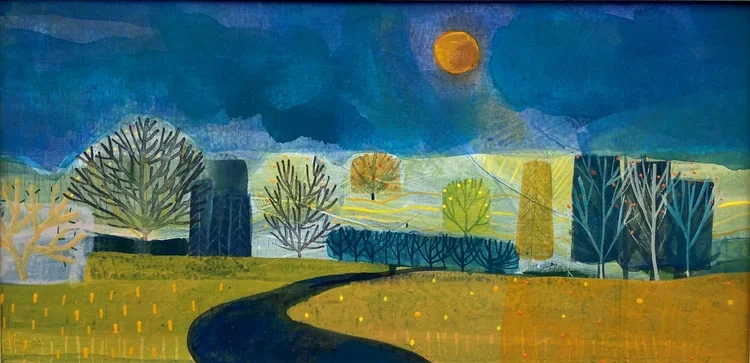 A colorful landscape painting featuring a winding road through fields with trees, under a vibrant sky with a bright sun or moon.