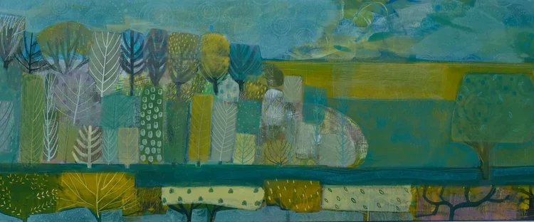 Abstract landscape painting with stylized trees and fields in shades of blue, green, yellow, and purple.