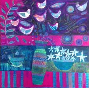 Abstract painting with a purple background featuring stylized white eyes, blue butterflies, and swirling patterns. Contains a pink horizontal strip, a multicolored striped vase, a bowl of white star-shaped flowers, and a blue fish in a teal rectangle.