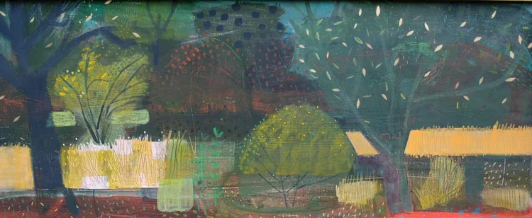 Colorful landscape painting featuring trees, bushes, and grass.