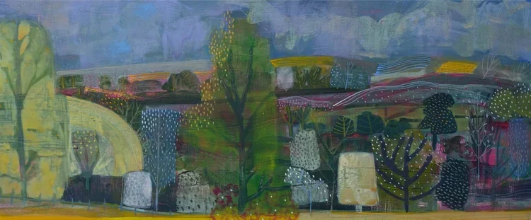 A colorful abstract landscape painting of rolling hills, trees, and a cloudy sky.