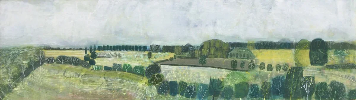 A painting of a rural landscape with rolling hills, scattered trees, fields, and farm buildings under a cloudy sky.