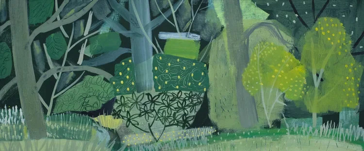 An abstract painting of a garden scene with trees, bushes, and plants in various shades of green, with some patterned elements and a wooden structure.