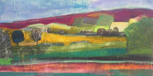 Abstract landscape painting depicting rolling hills, fields, and trees in vibrant colors.
