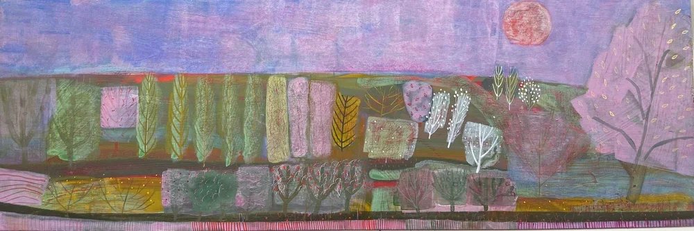 Colorful abstract landscape painting with trees, fields, a large pinkish sun or moon, and a sky with pink and purple tones.