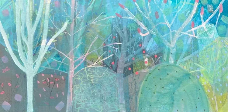 A colorful stylized illustration of a forest scene with trees, bushes, and plants in shades of green, pink, blue, and purple.