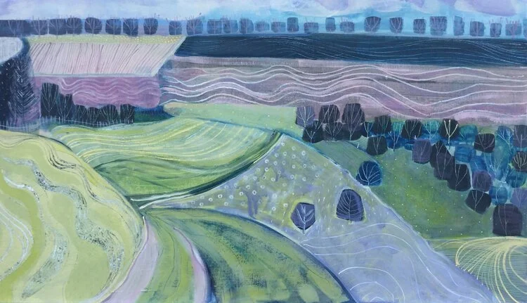 Abstract painting of rolling green hills, fields, and trees in varied colors and textures, with a winding path or stream in the foreground.