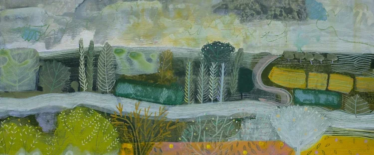 Abstract landscape with trees, fields, and a winding road in soft pastel colors.