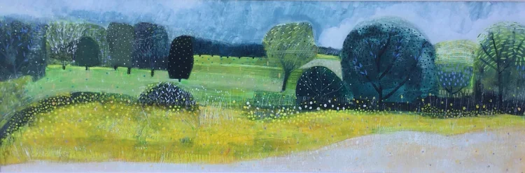 A landscape painting of green trees and shrubs in a field with a blue sky.
