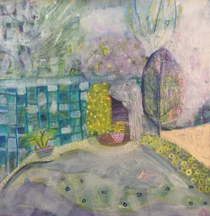A watercolor painting of a garden scene with potted plants, a patterned wall, trees, and a stone pathway with blooming flowers.