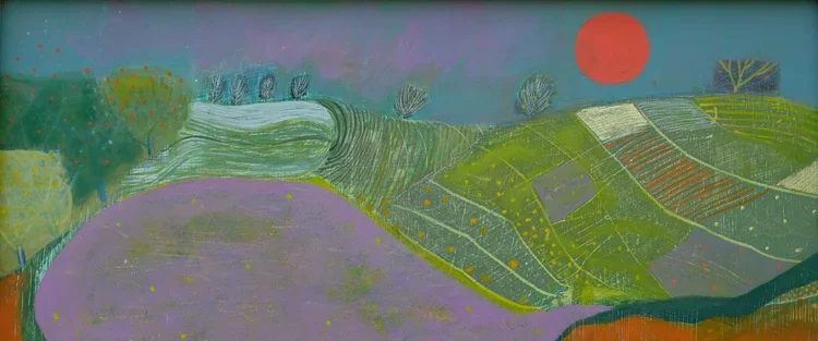 Colorful landscape painting of rolling hills, fields, and a red sun in the sky.