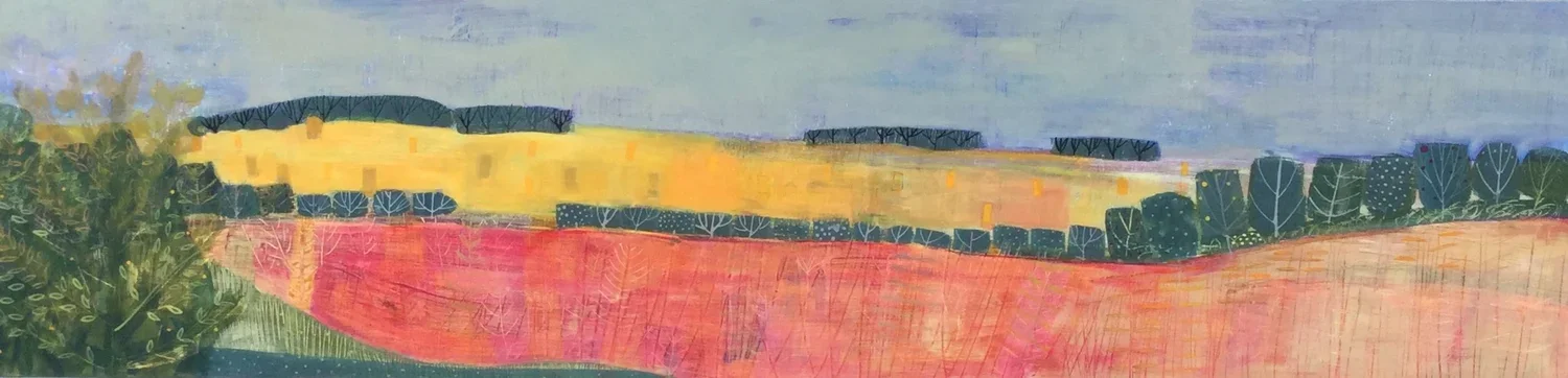 Colorful landscape painting of rolling hills with trees, fields in various colors including pink, yellow, green, and blue, and a cloudy sky.