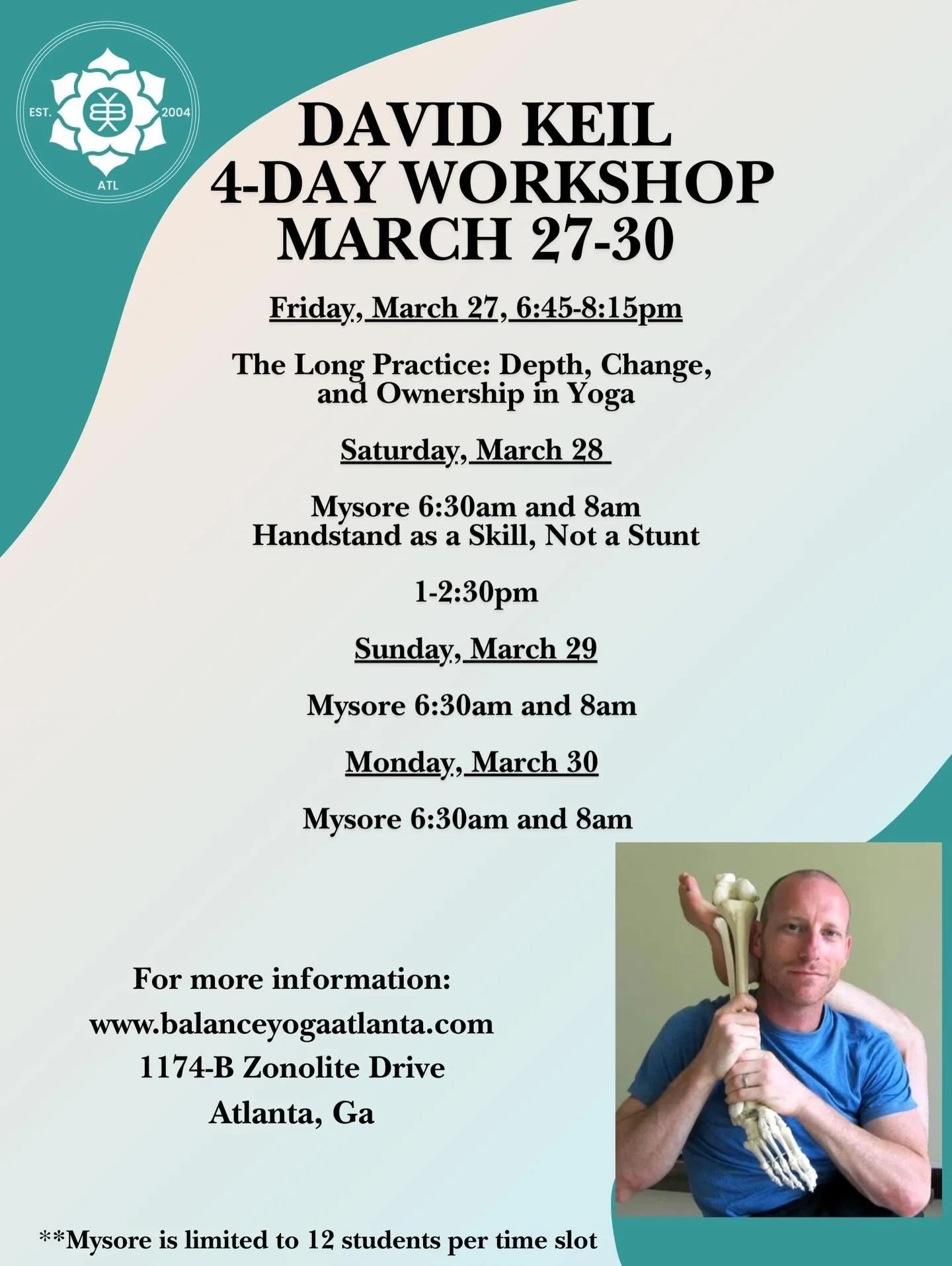 David Keil will be back at Balance in March and we cannot wait! David has a great way of supporting your practice without being overbearing. He gives space and guidance with precision! There are only about 15 spaces still available for Mysore and the